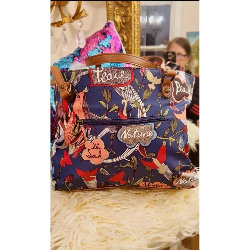 Sakroots Women's Peace Satchel Handbag Blue Multi Floral Birds And Makeup Bag